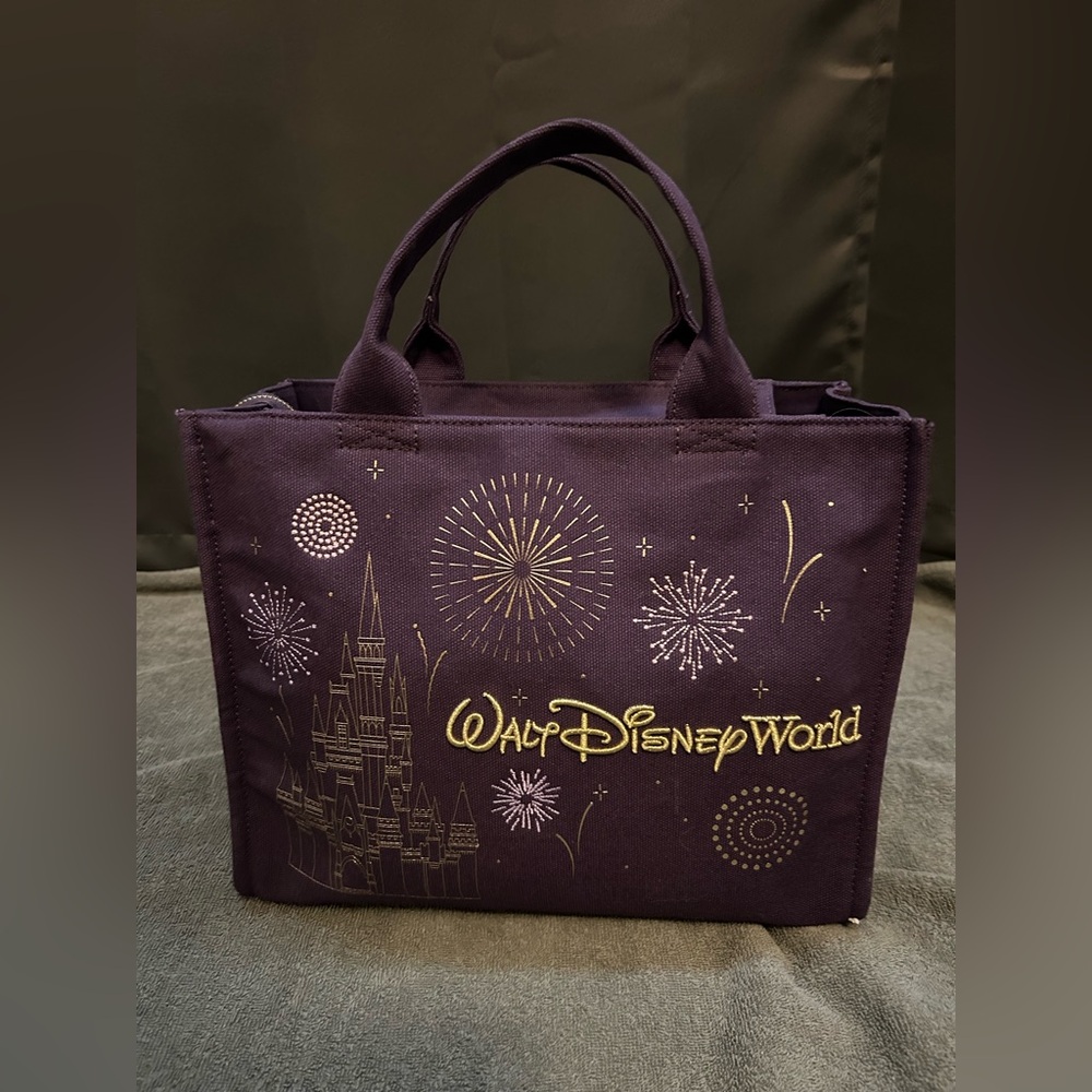Disney Purple Canvas Tote Bag with Castle and Fireworks